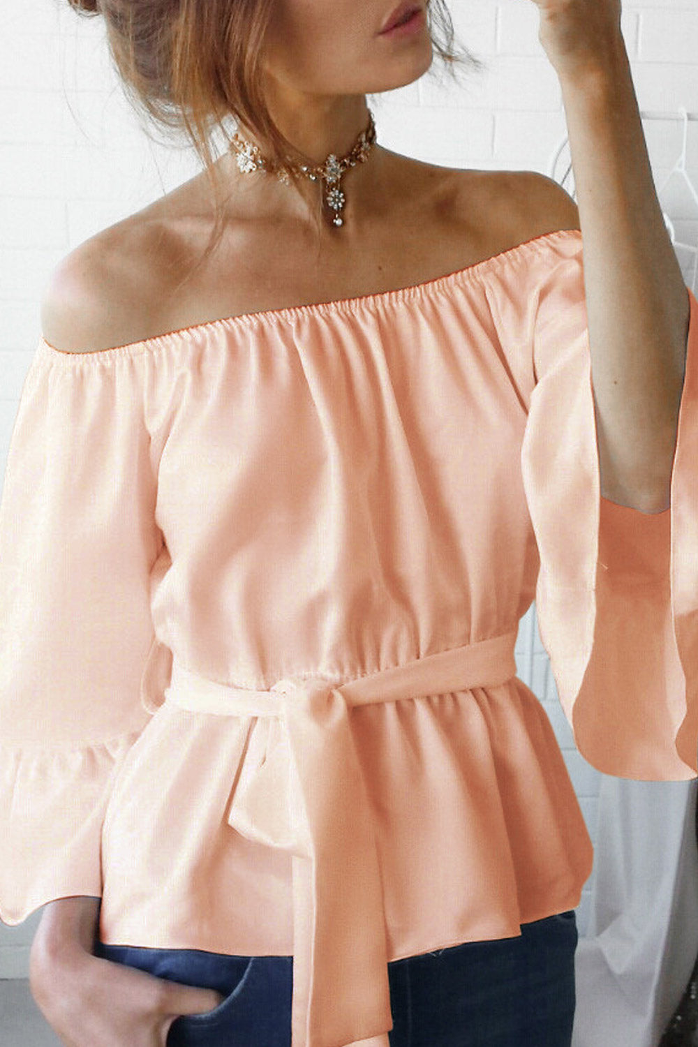 Women Elasticated Shoulder Solid Chiffon Top