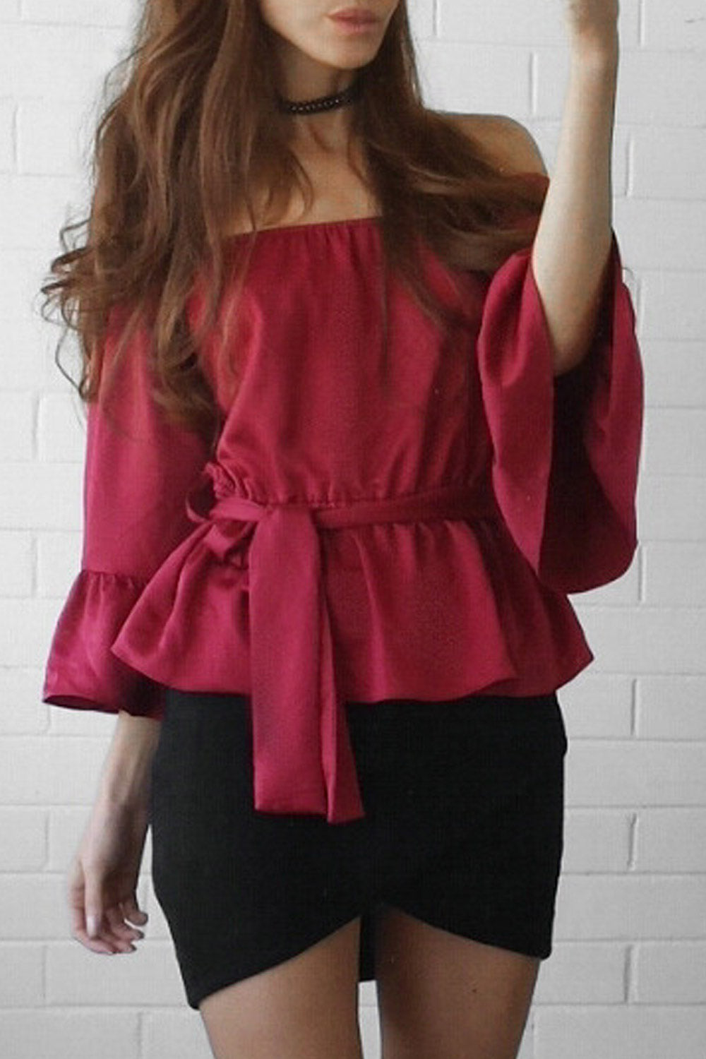 Women Elasticated Shoulder Solid Chiffon Top