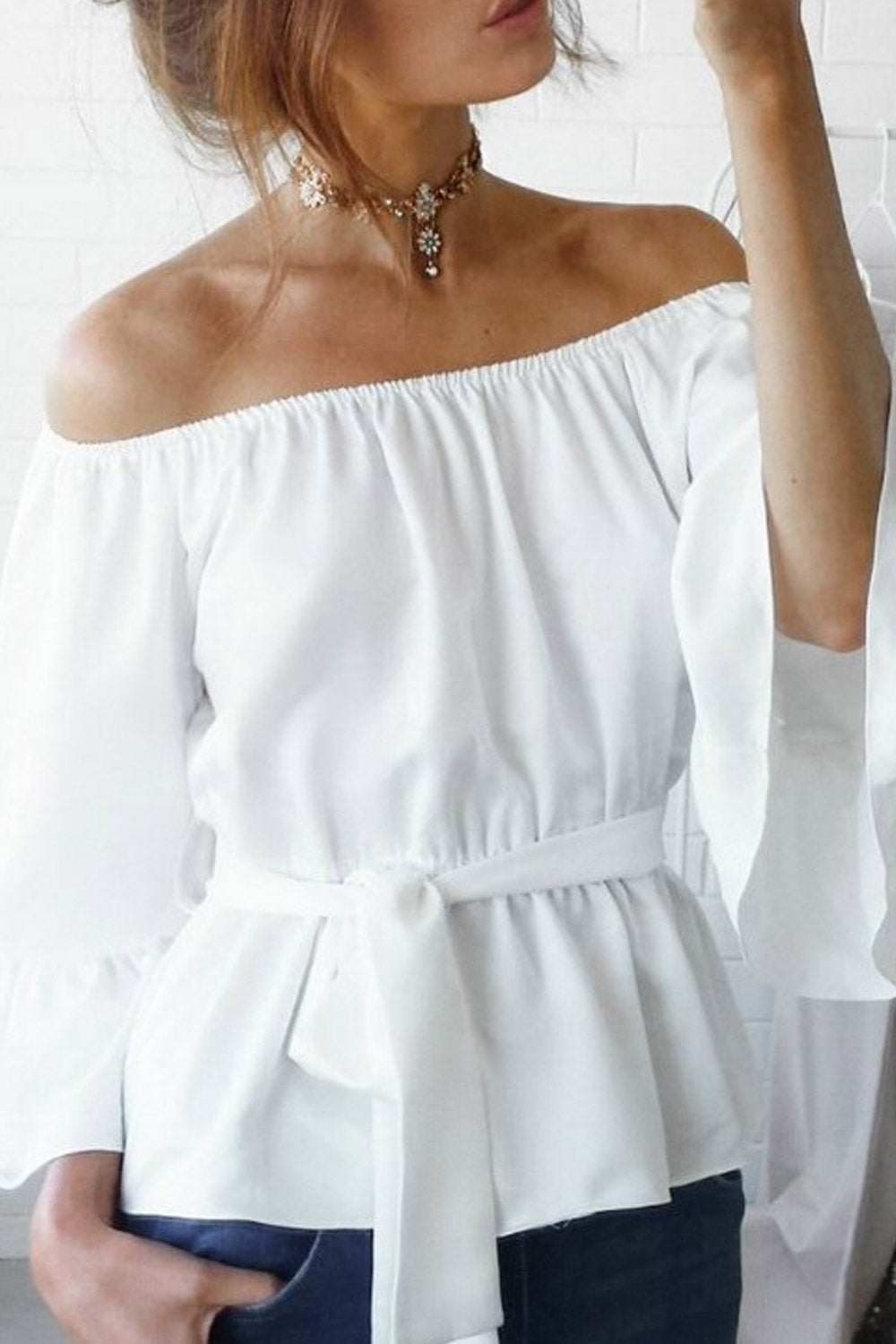 Women Elasticated Shoulder Solid Chiffon Top