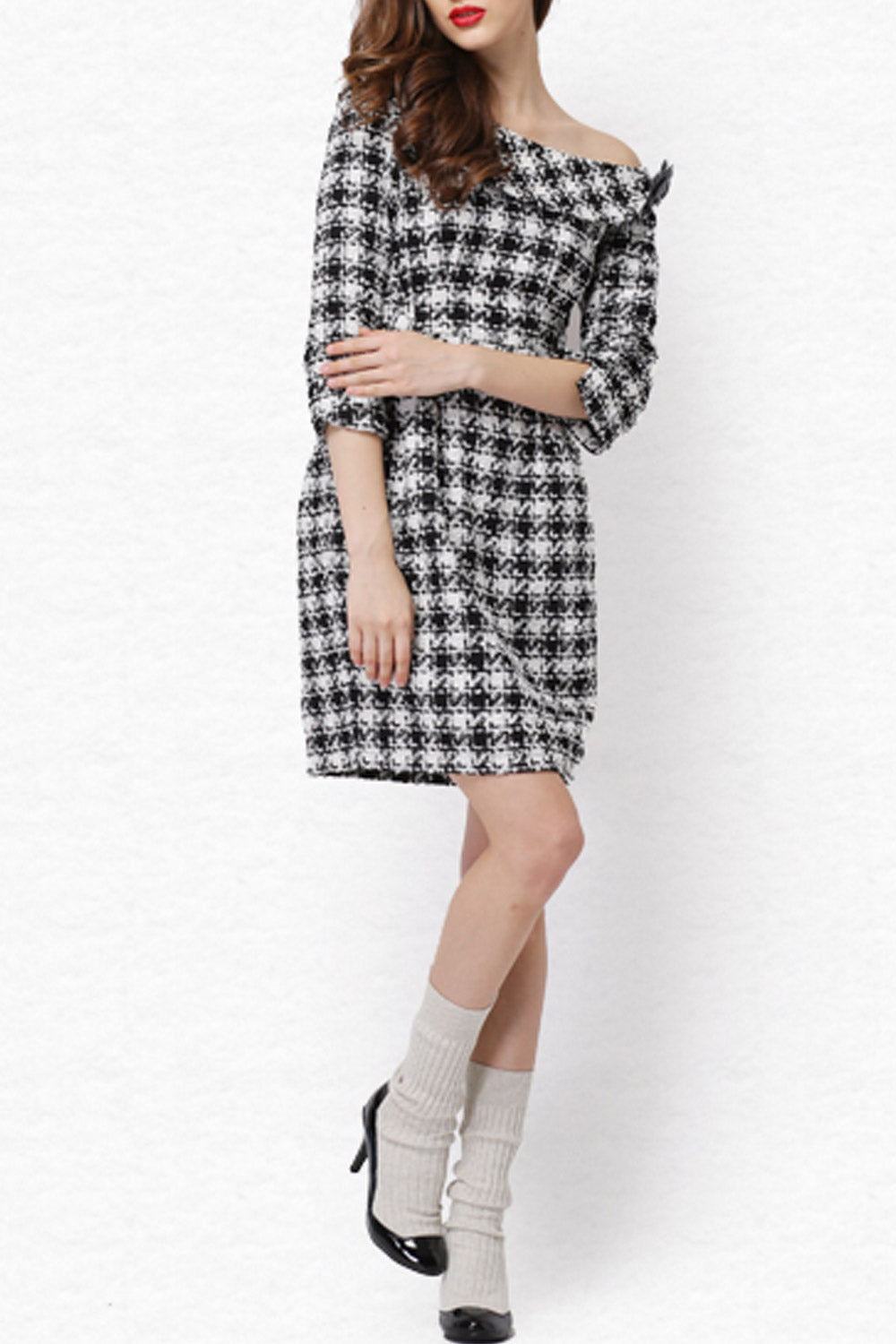 Women One Shoulder 3/4 Sleeve Plaid Dress