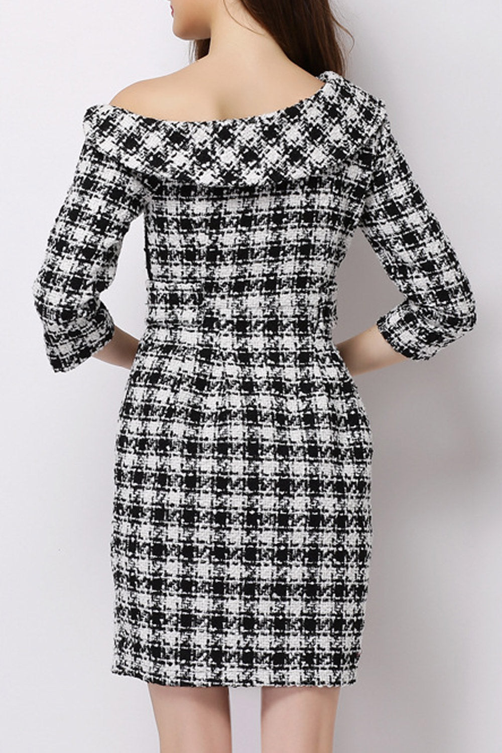 Women One Shoulder 3/4 Sleeve Plaid Dress