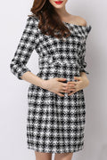 Women One Shoulder 3/4 Sleeve Plaid Dress