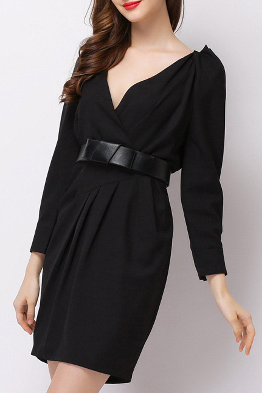 Women V-Neck Thick Waist Belt Fashion Dress