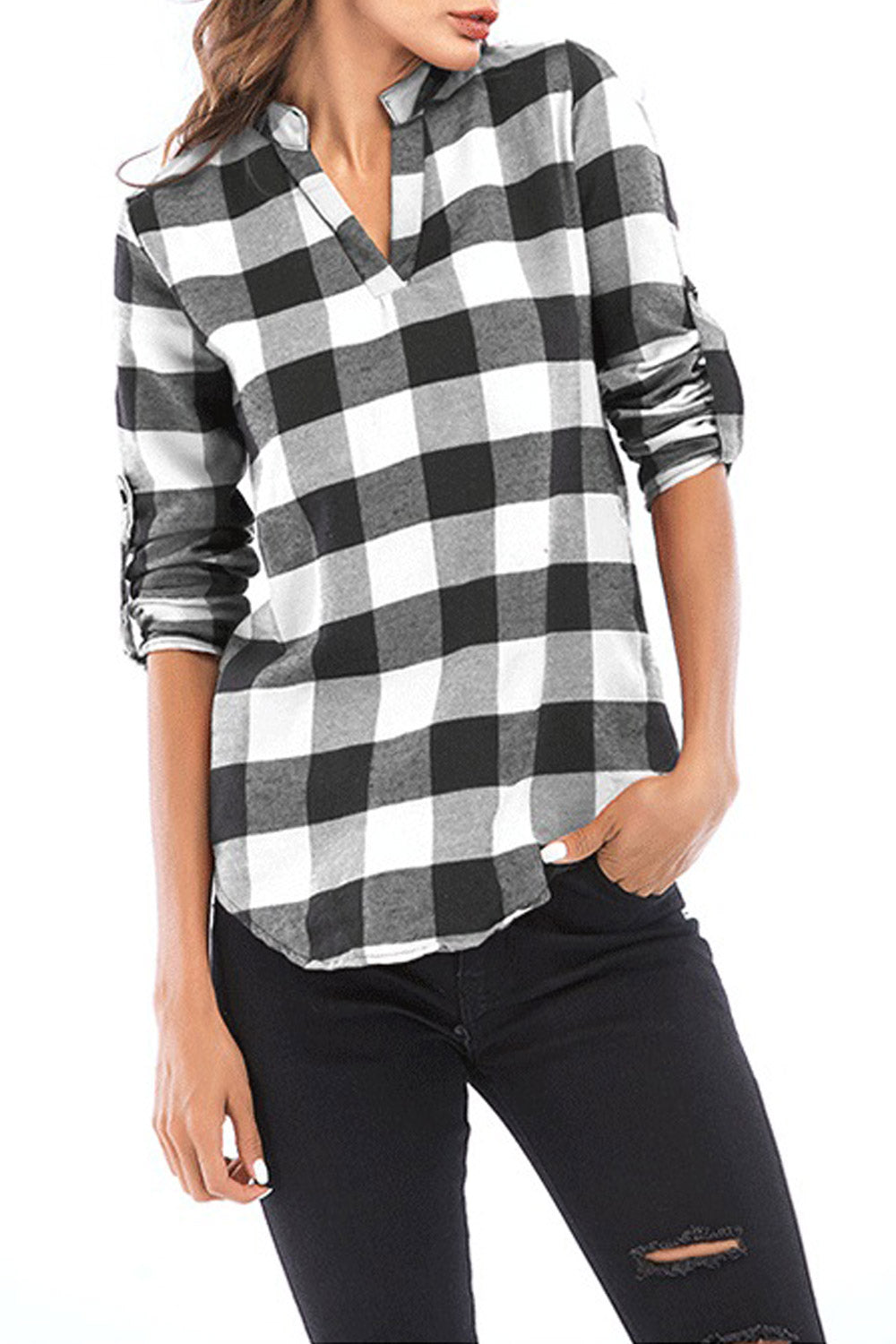 Women Collar Neck Folded Sleeve Plaid Shirt