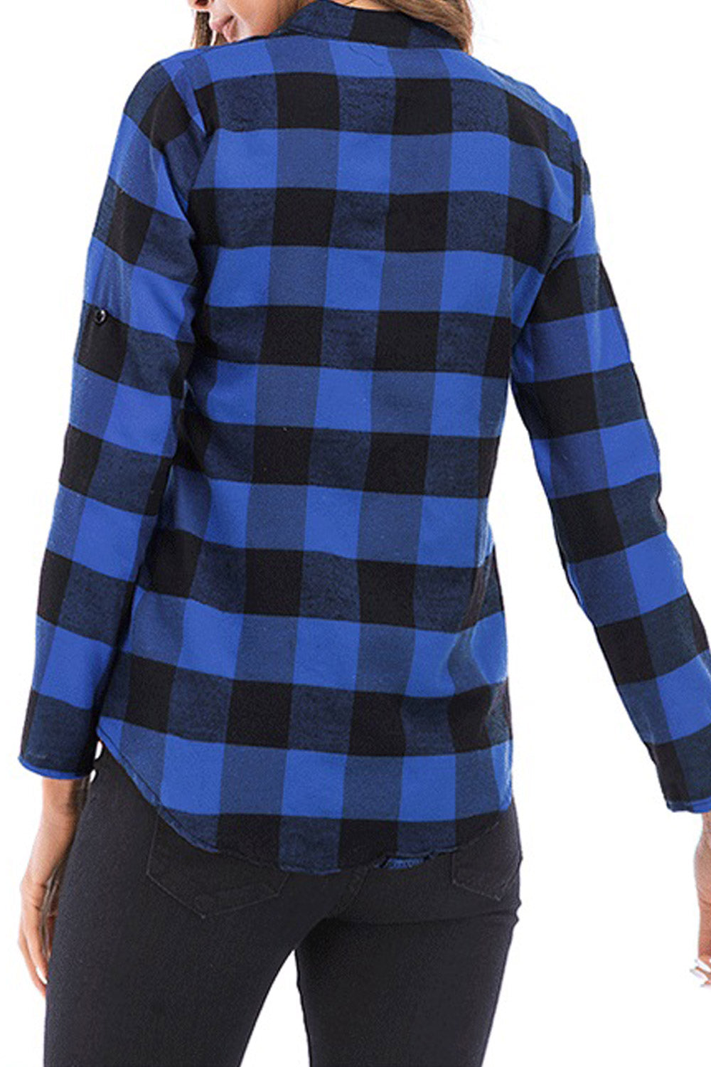 Women Collar Neck Folded Sleeve Plaid Shirt