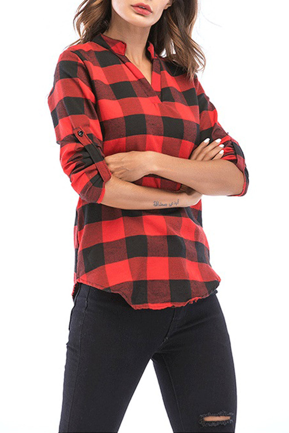 Women Collar Neck Folded Sleeve Plaid Shirt