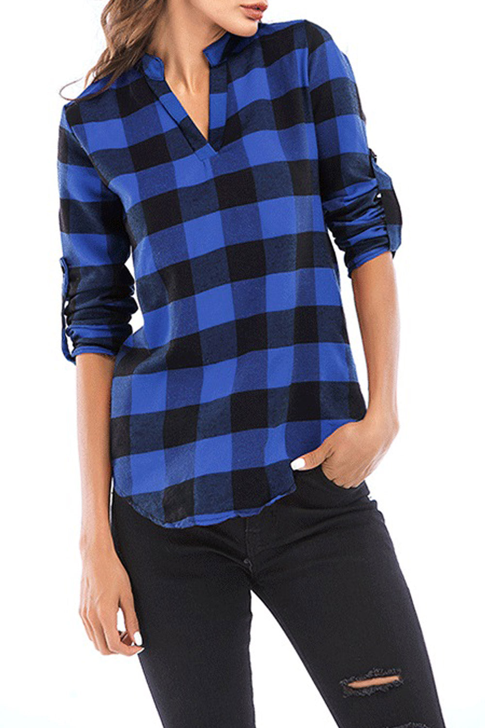 Women Collar Neck Folded Sleeve Plaid Shirt