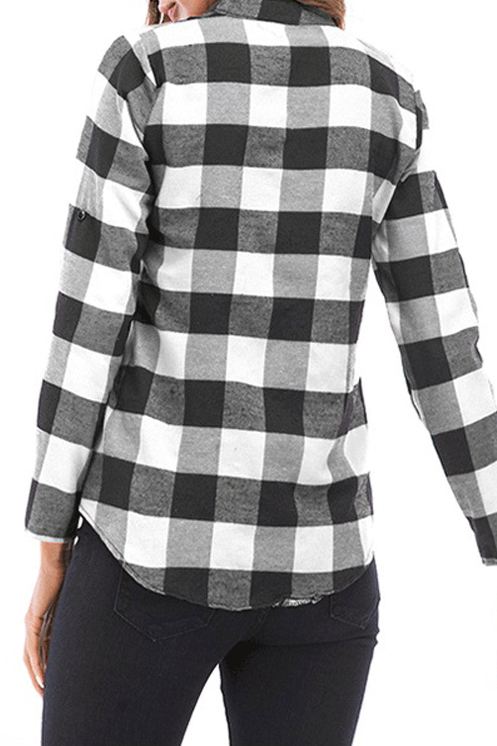 Women Collar Neck Folded Sleeve Plaid Shirt