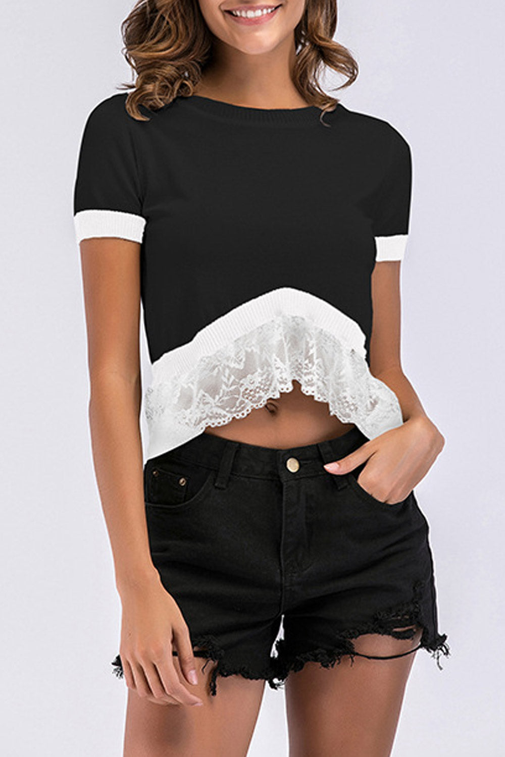 Women Lace High Neck Irregular Hem Top