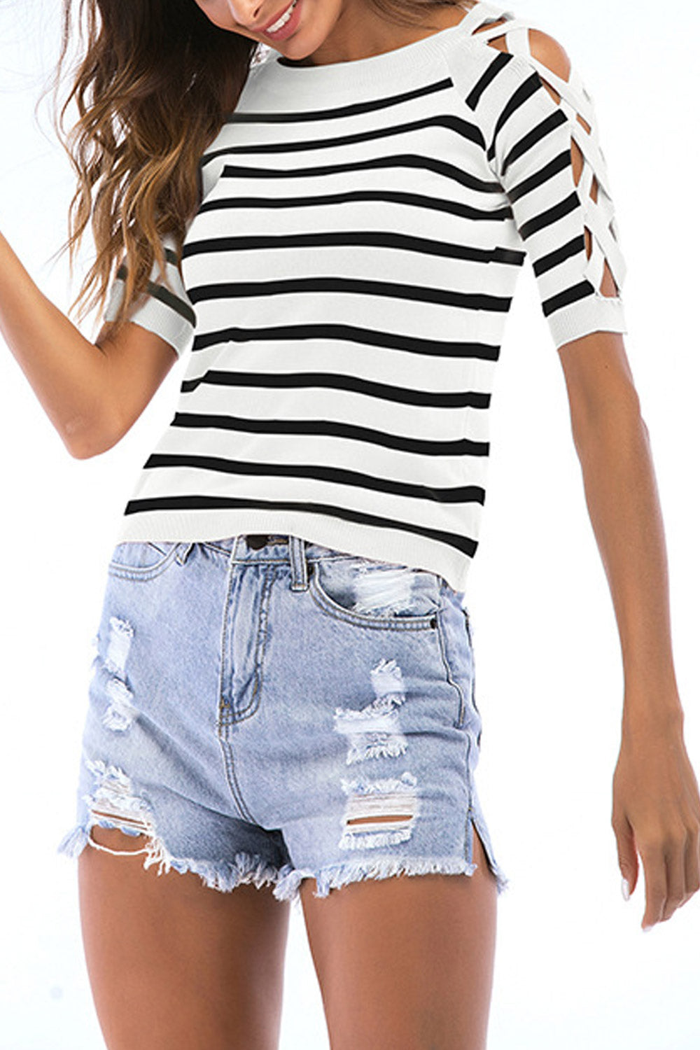 Women Striped High Neck Multi Strap Top
