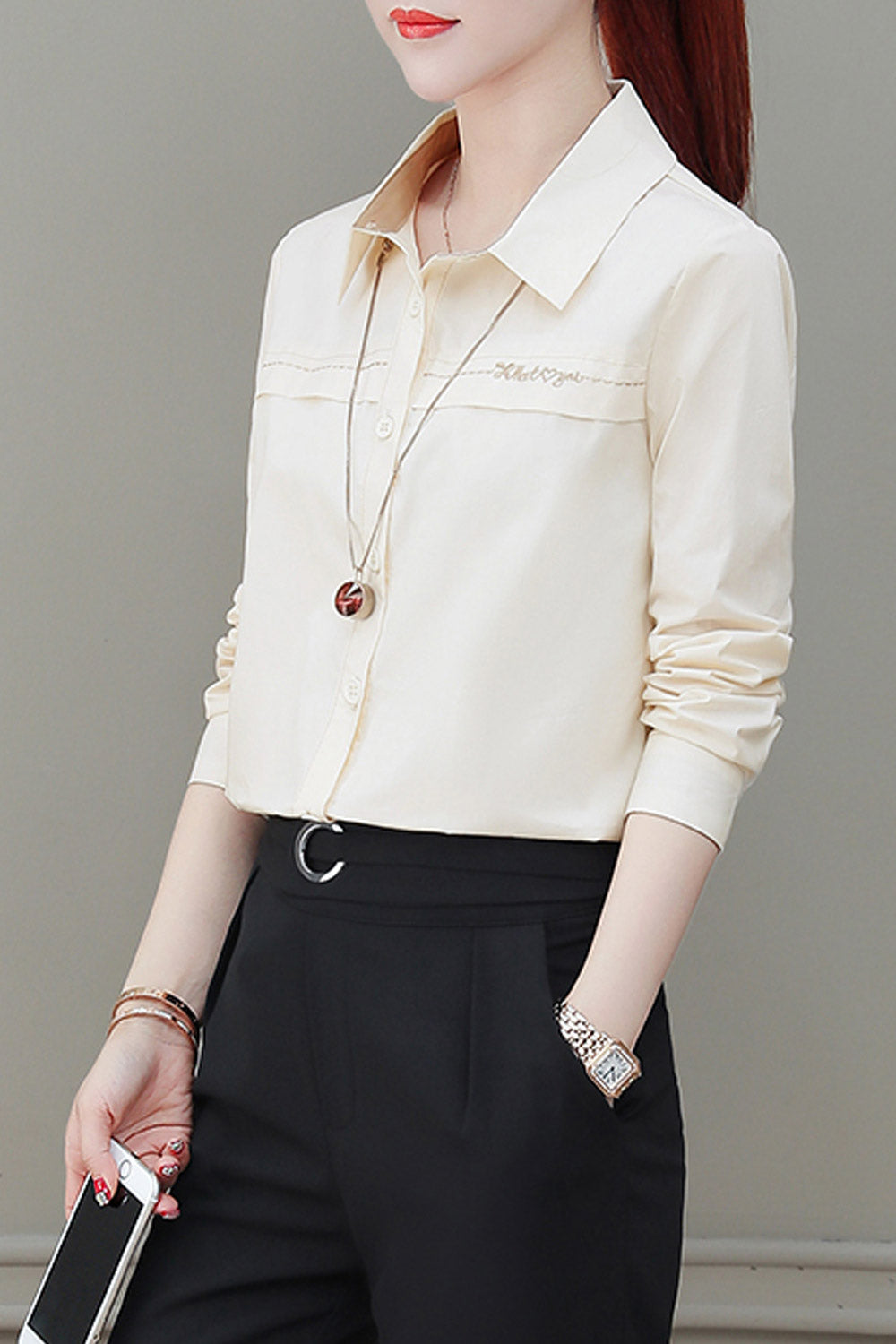 Women Long Sleeved Solid Colored Shirt