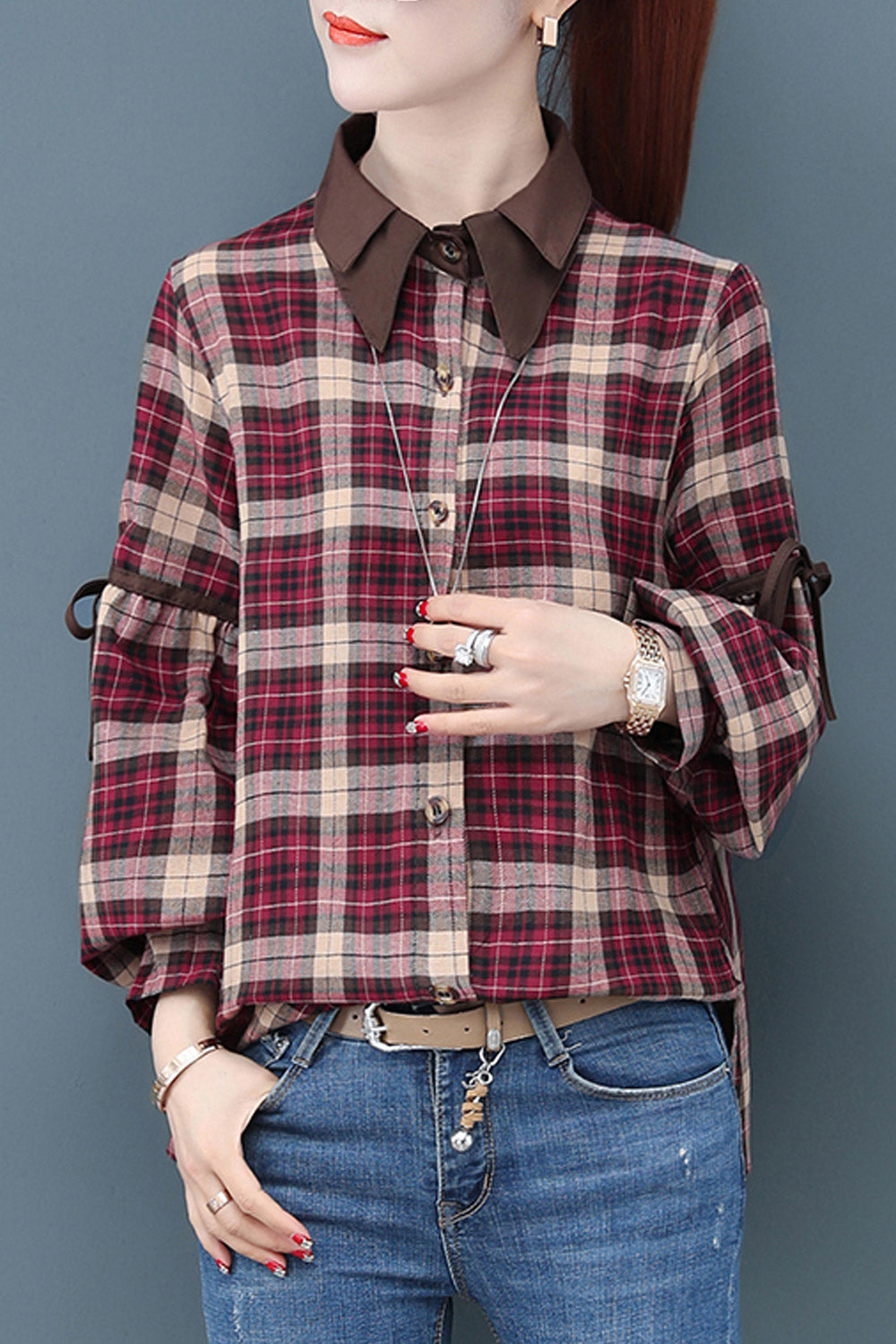 Women Collar Neck Loose Plaid Shirt