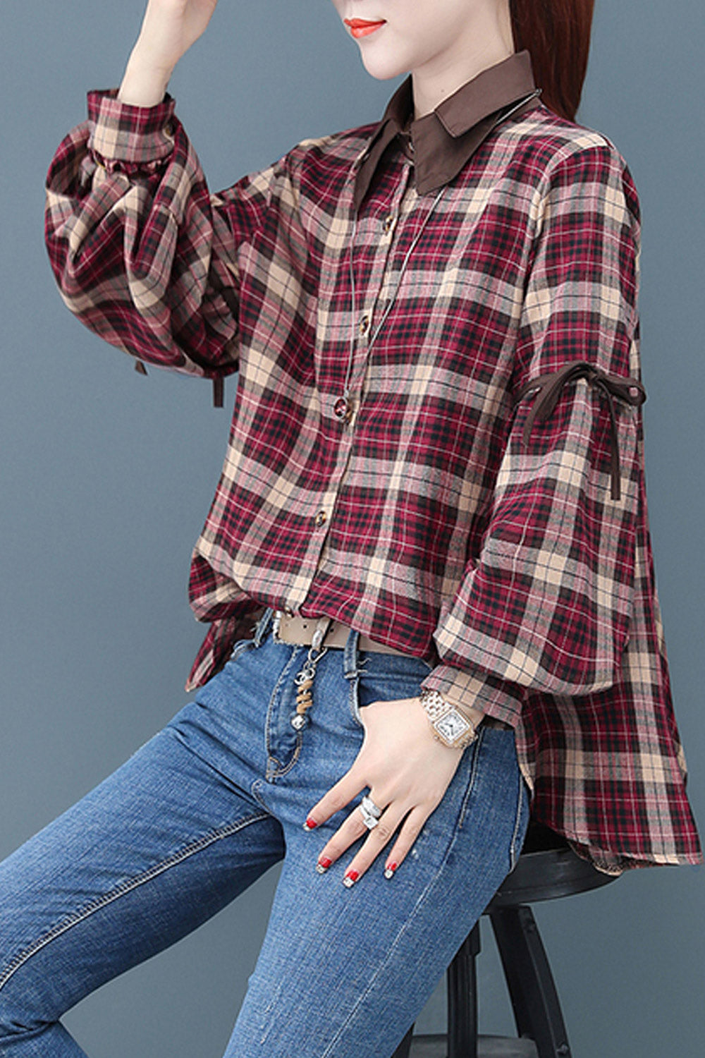 Women Collar Neck Loose Plaid Shirt
