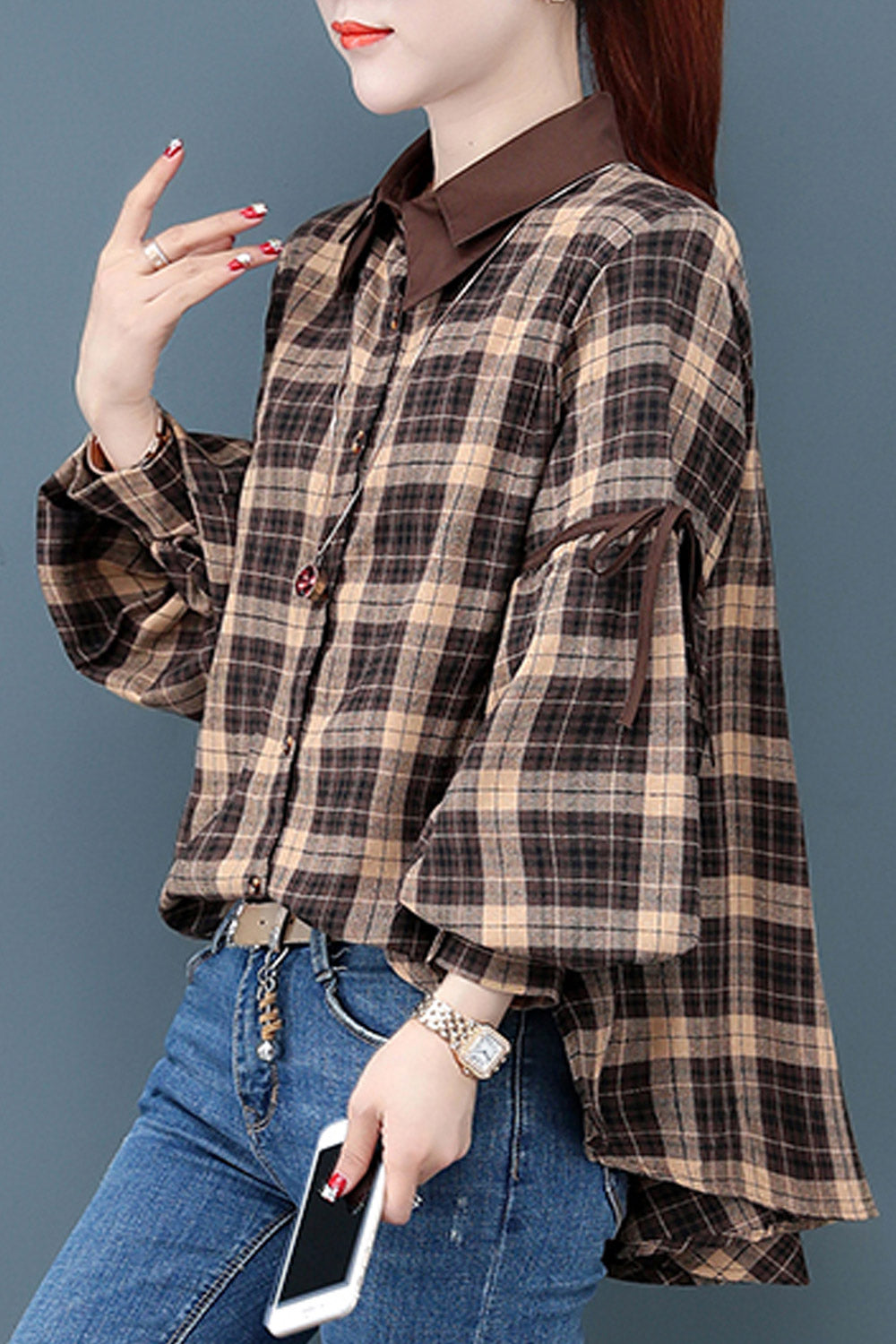 Women Collar Neck Loose Plaid Shirt