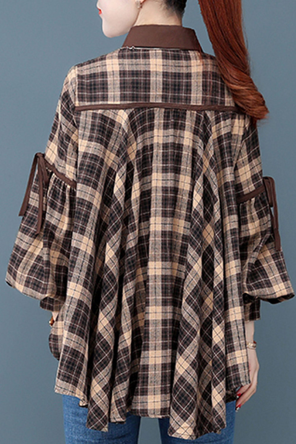 Women Collar Neck Loose Plaid Shirt