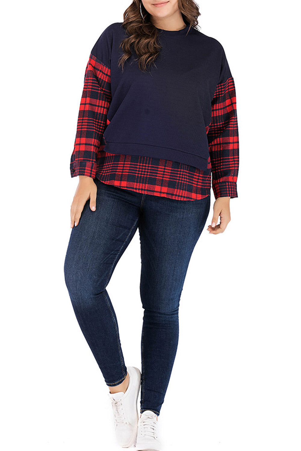 Women Plus High Neck Classic Plaid Shirt