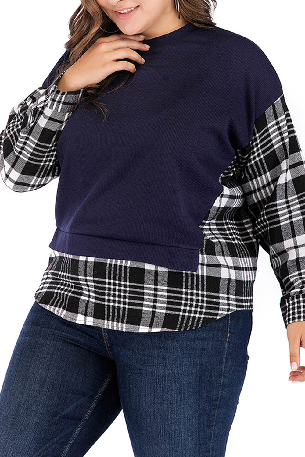 Women Plus High Neck Classic Plaid Shirt