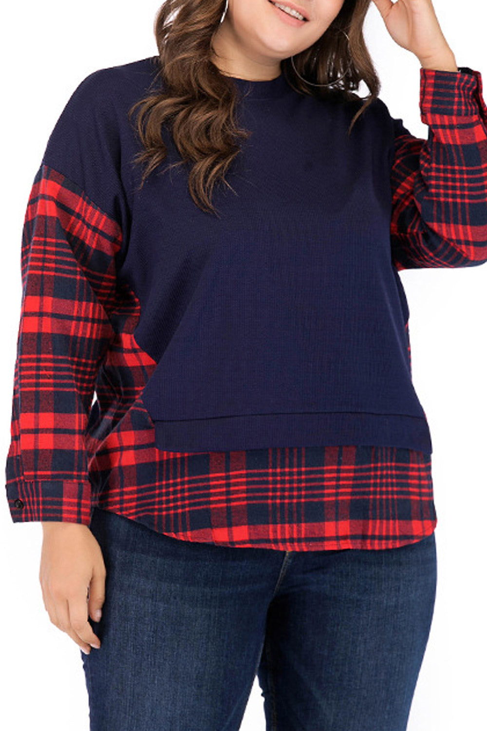 Women Plus High Neck Classic Plaid Shirt