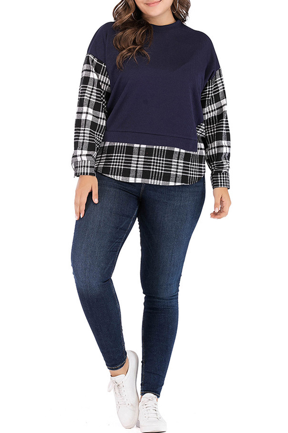 Women Plus High Neck Classic Plaid Shirt