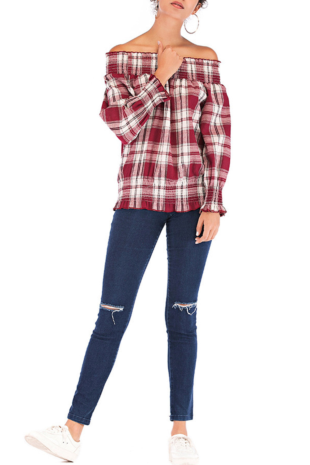 Women Off Shoulder Elasticated Plaid Shirt