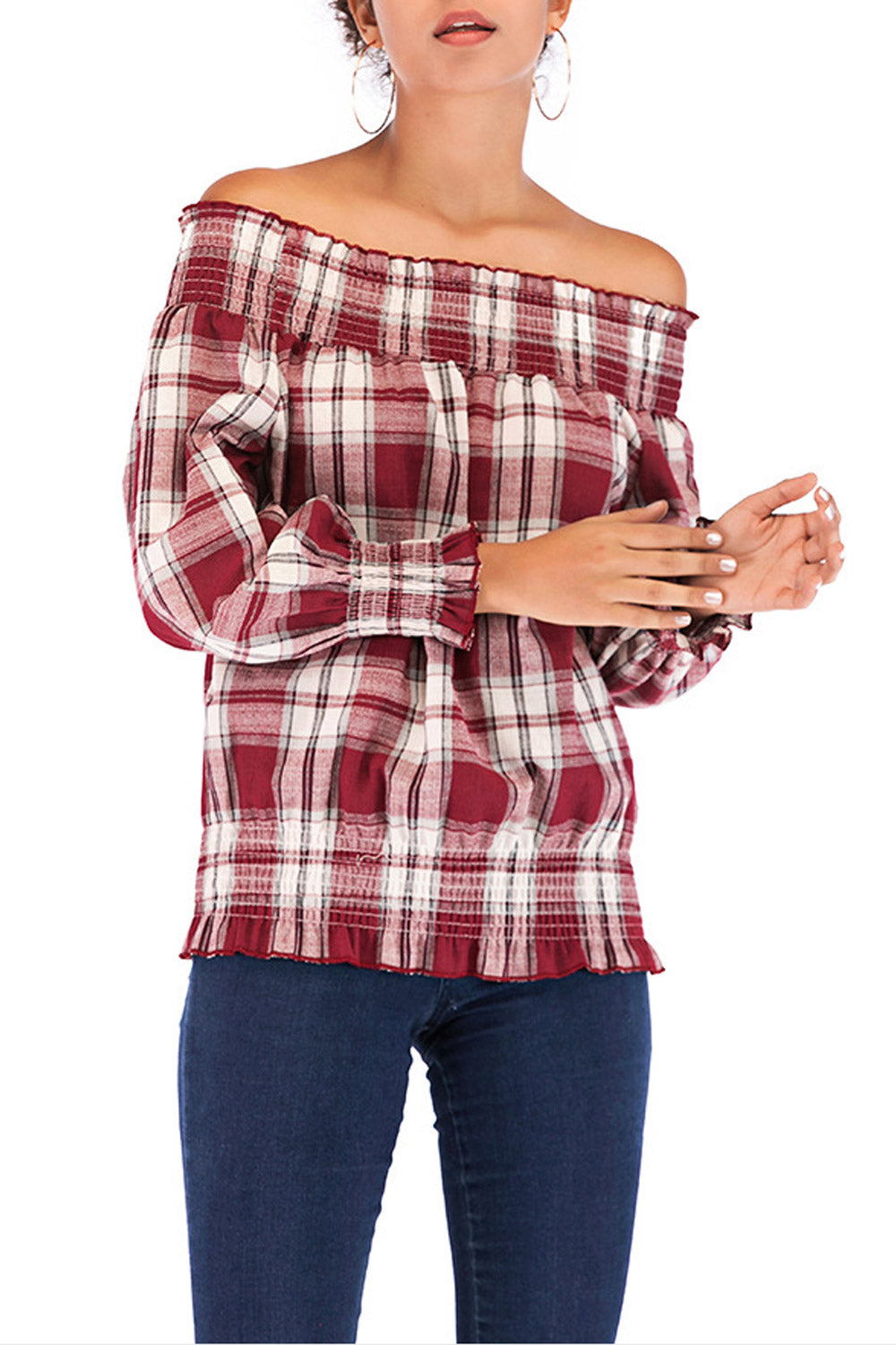 Women Off Shoulder Elasticated Plaid Shirt