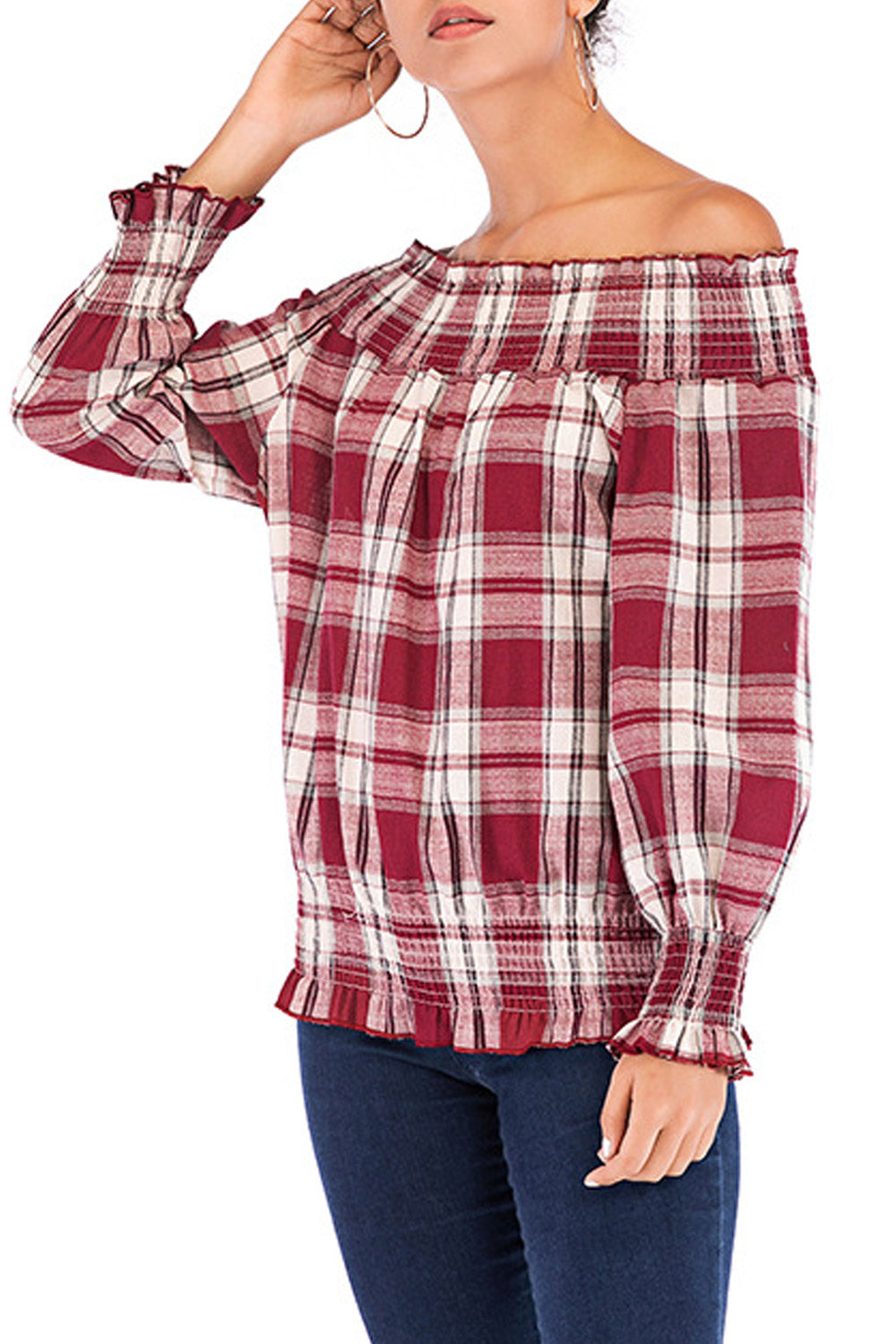 Women Off Shoulder Elasticated Plaid Shirt