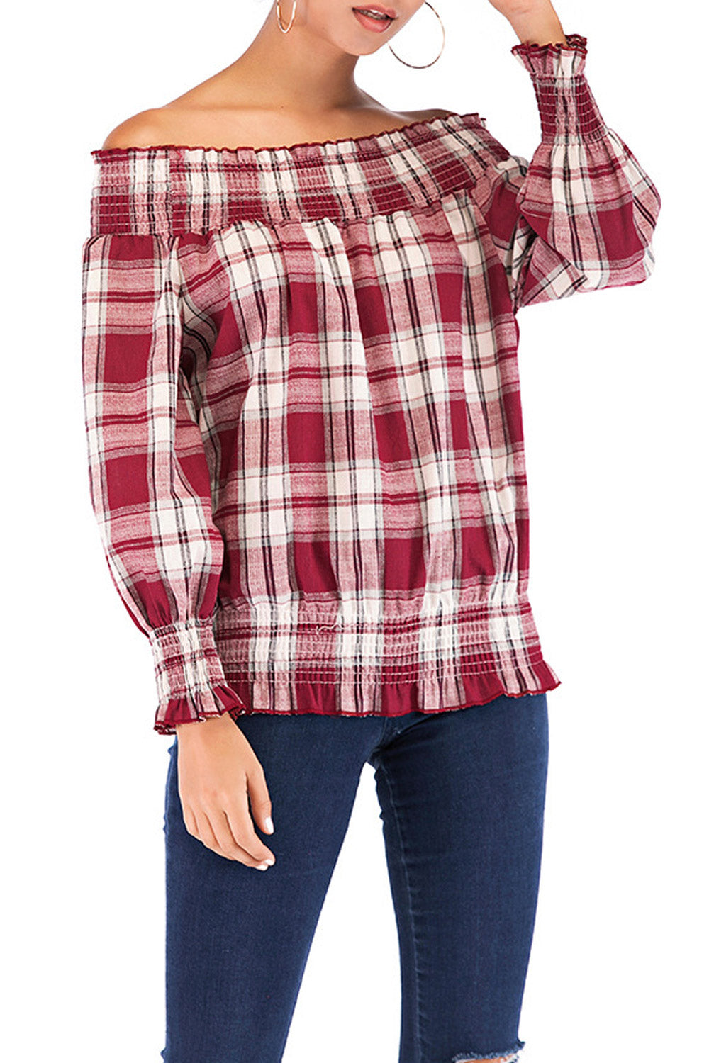 Women Off Shoulder Elasticated Plaid Shirt