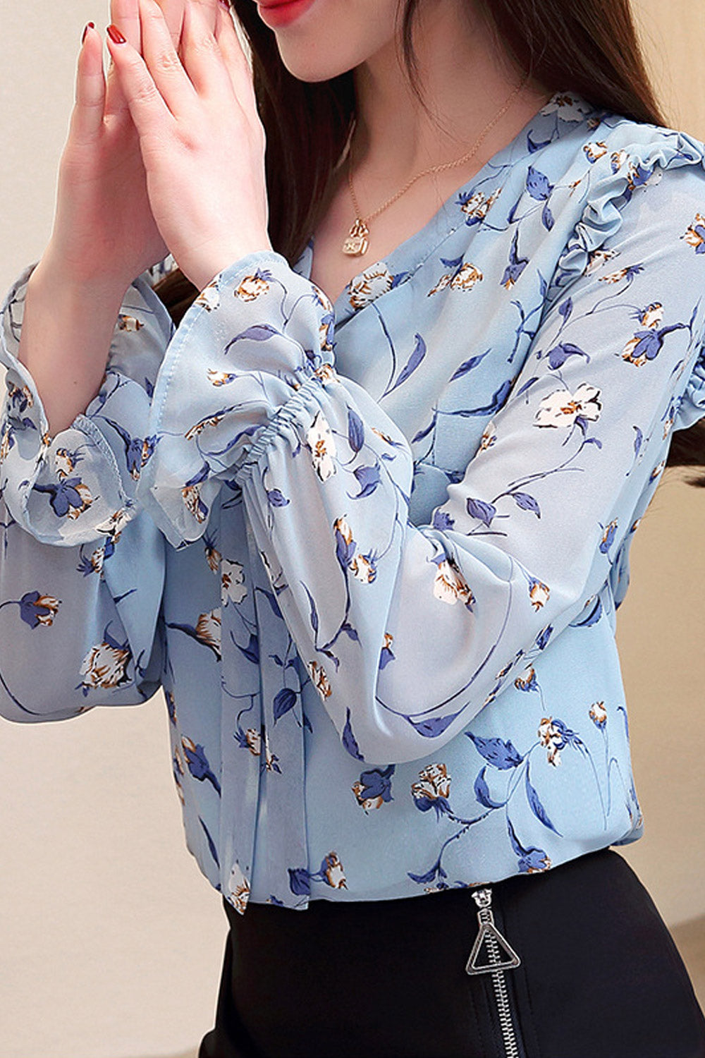 Women V-Neck Ruffled Printed Chiffon Top