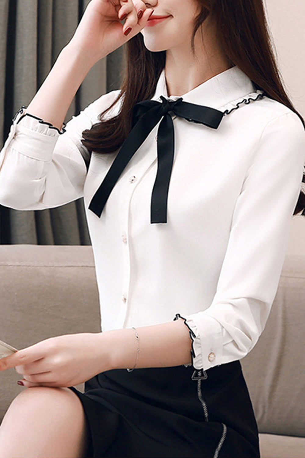 Women Bow Tie Long Sleeve Chiffon Shirt