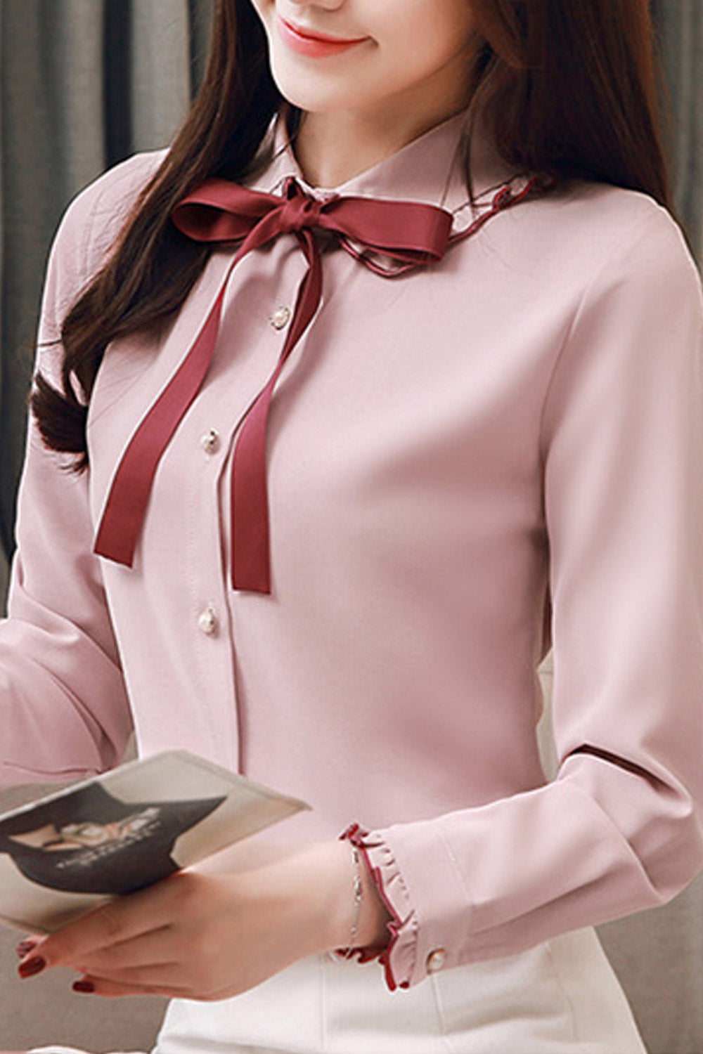 Women Bow Tie Long Sleeve Chiffon Shirt