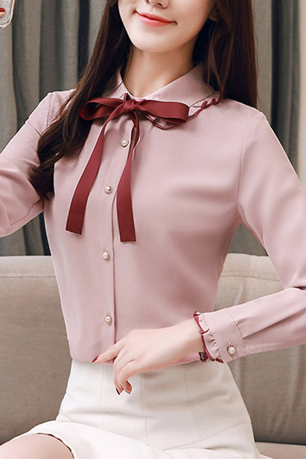 Women Bow Tie Long Sleeve Chiffon Shirt