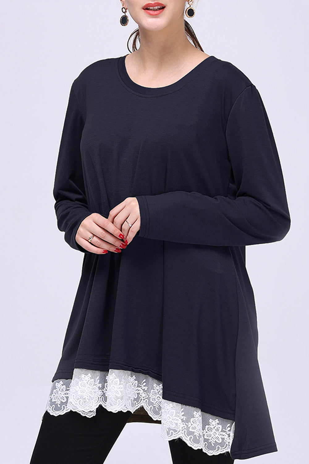 Women Long Sleeved Lace Hem Stylish Top