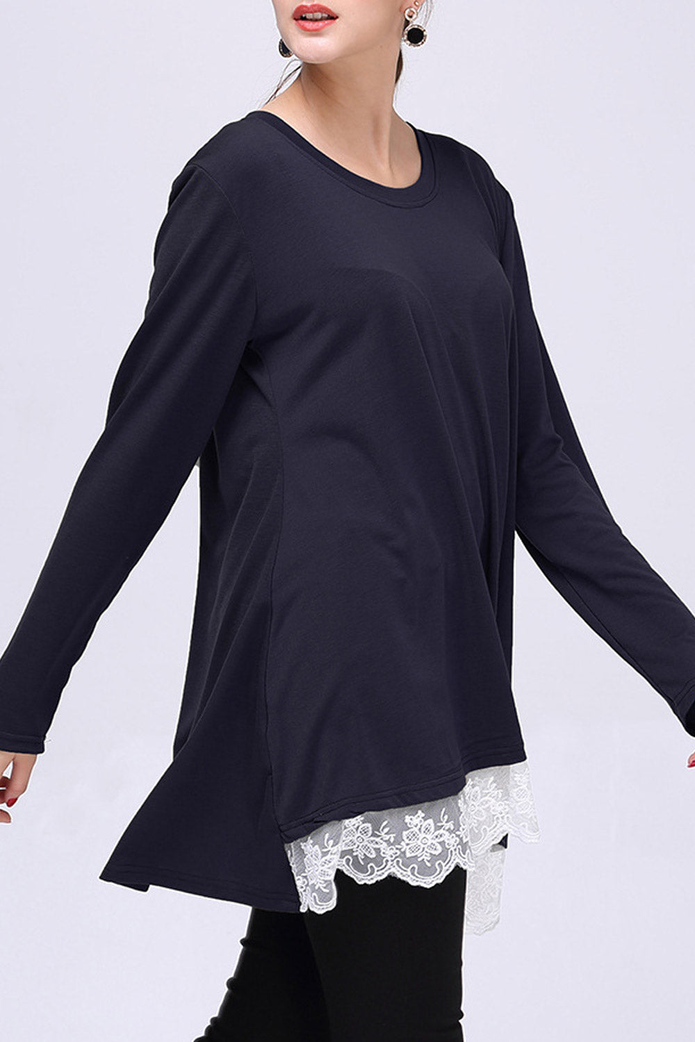 Women Long Sleeved Lace Hem Stylish Top