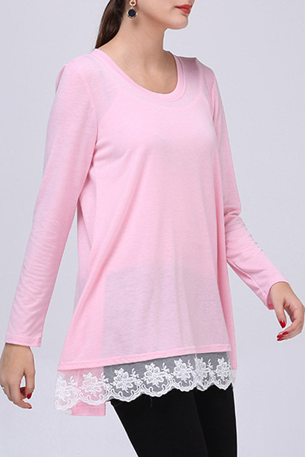 Women Long Sleeved Lace Hem Stylish Top