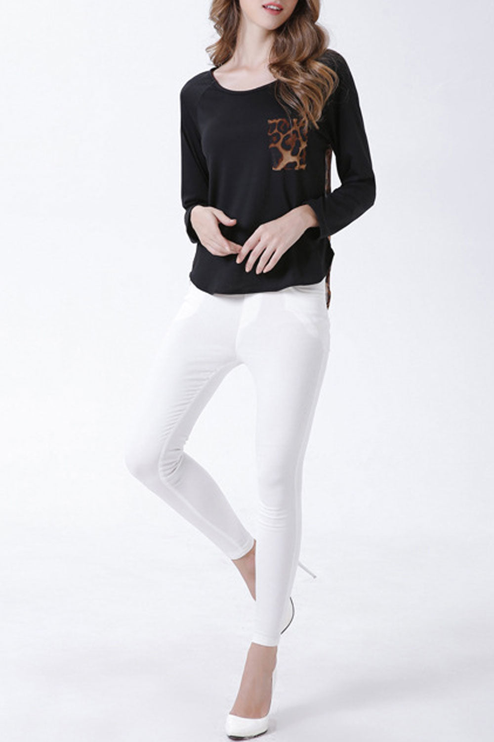 Women Round Neck Chest Pocket Slim Top