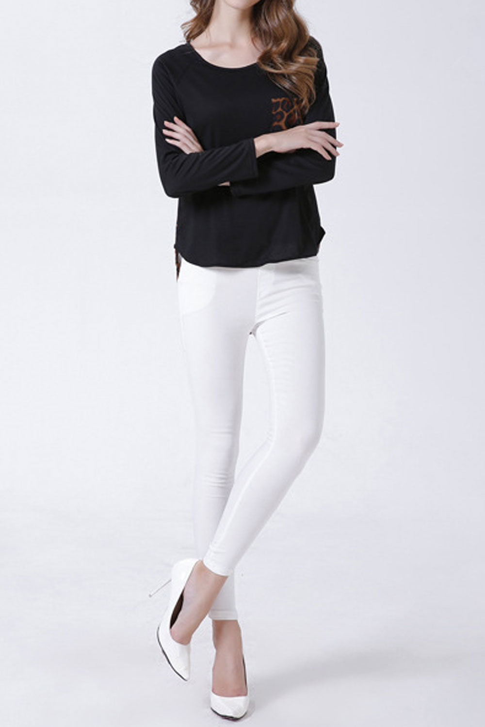 Women Round Neck Chest Pocket Slim Top