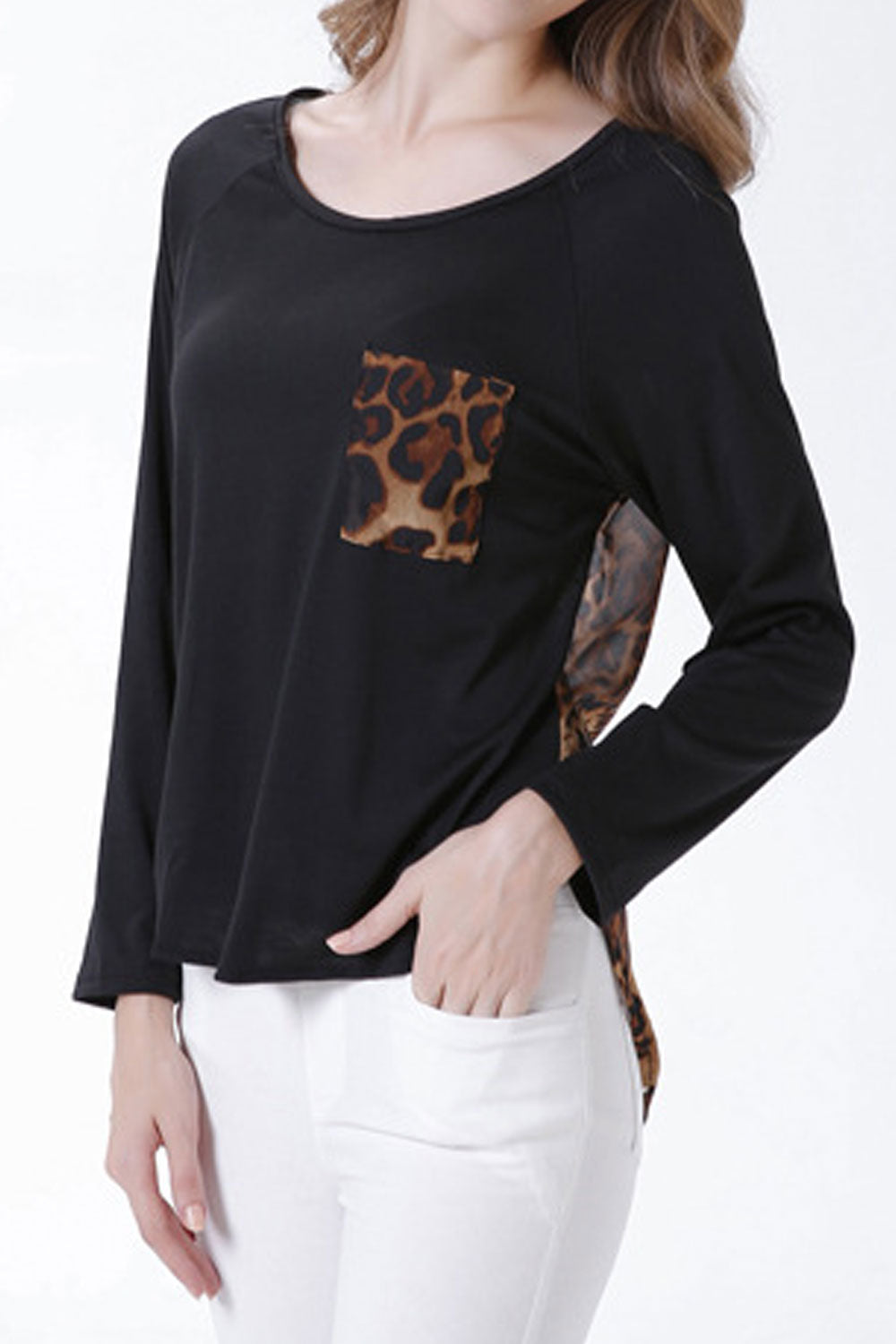 Women Round Neck Chest Pocket Slim Top
