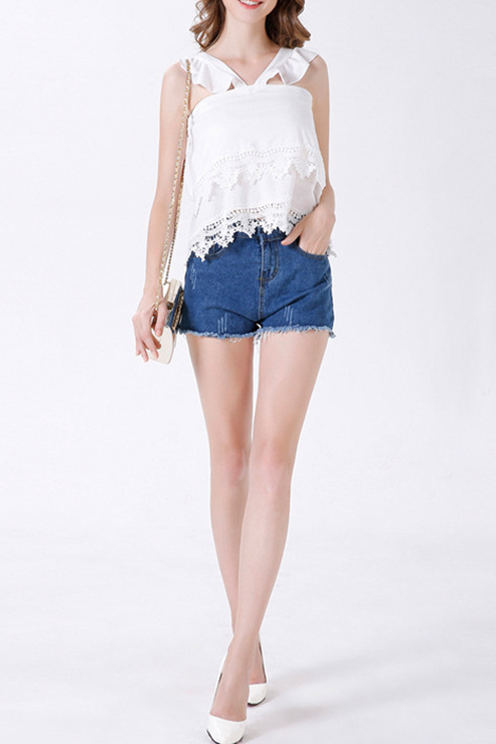 Women Ruffled V-Neck Fashion Lace Top