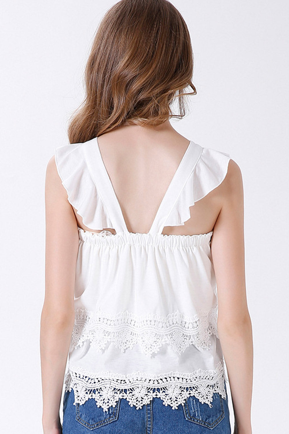 Women Ruffled V-Neck Fashion Lace Top
