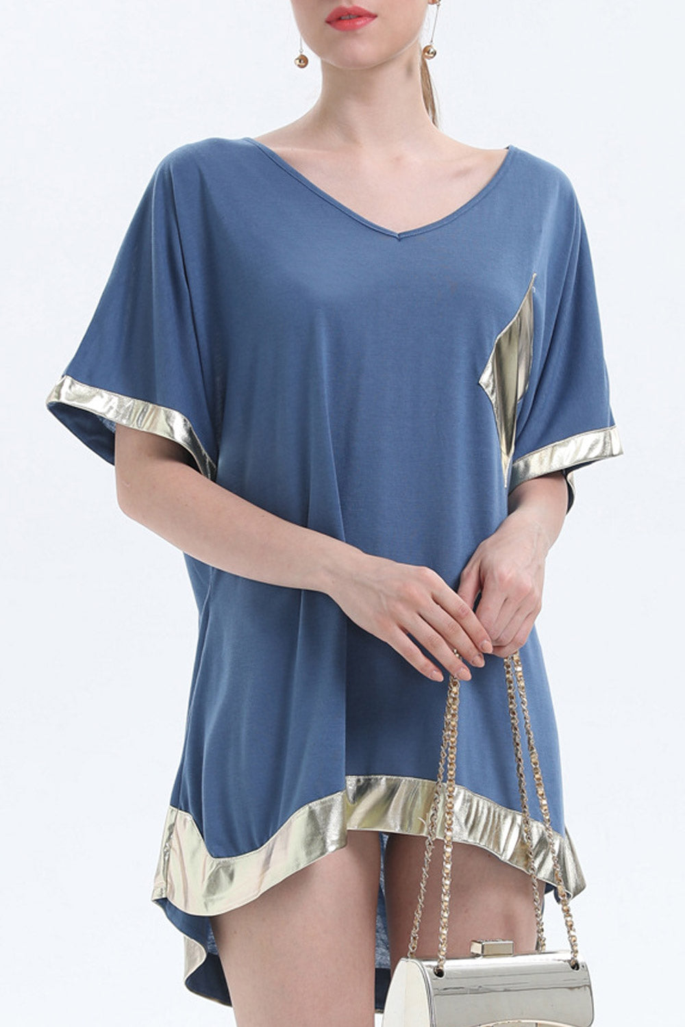 Women V-Neck Solid Colored Loose Top