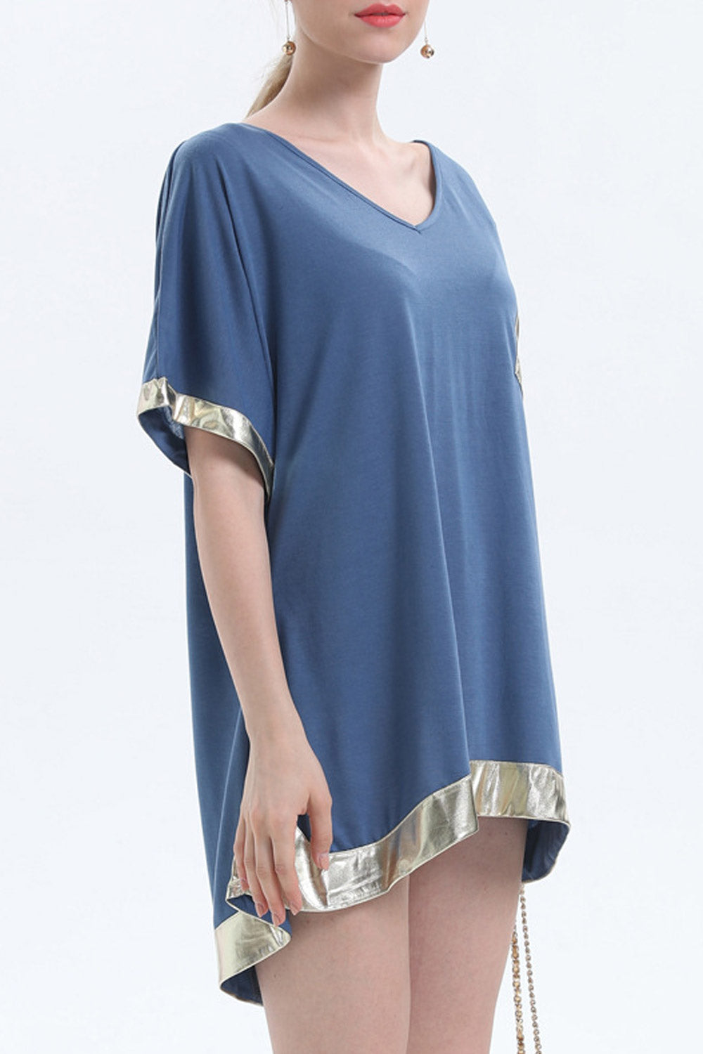 Women V-Neck Solid Colored Loose Top