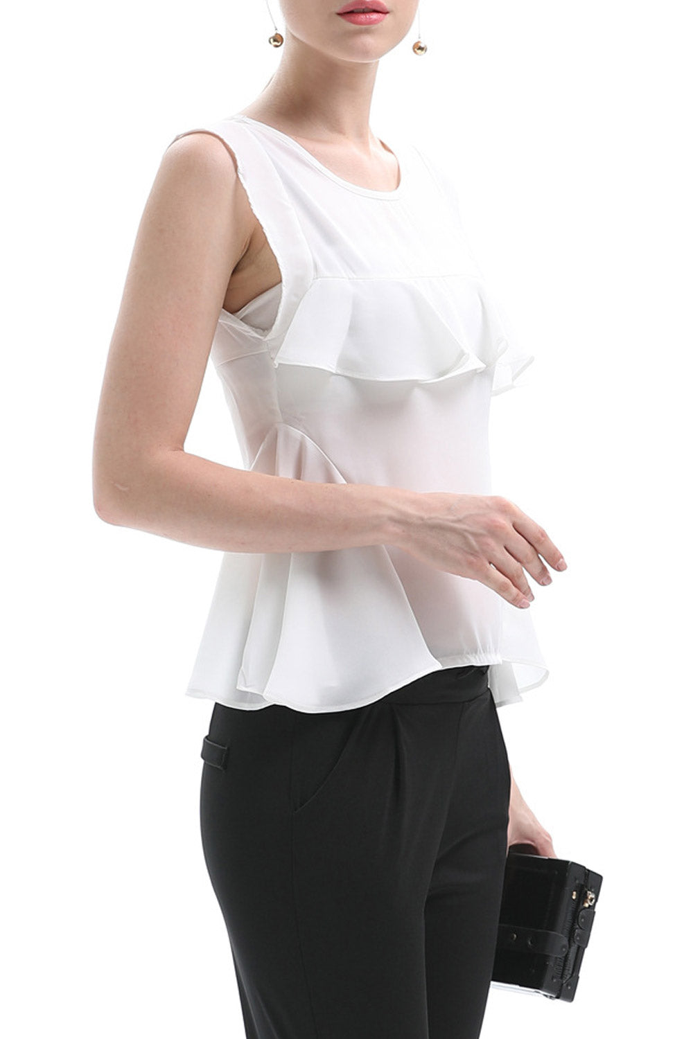 Women Round Neck Ruffled Chiifon Top