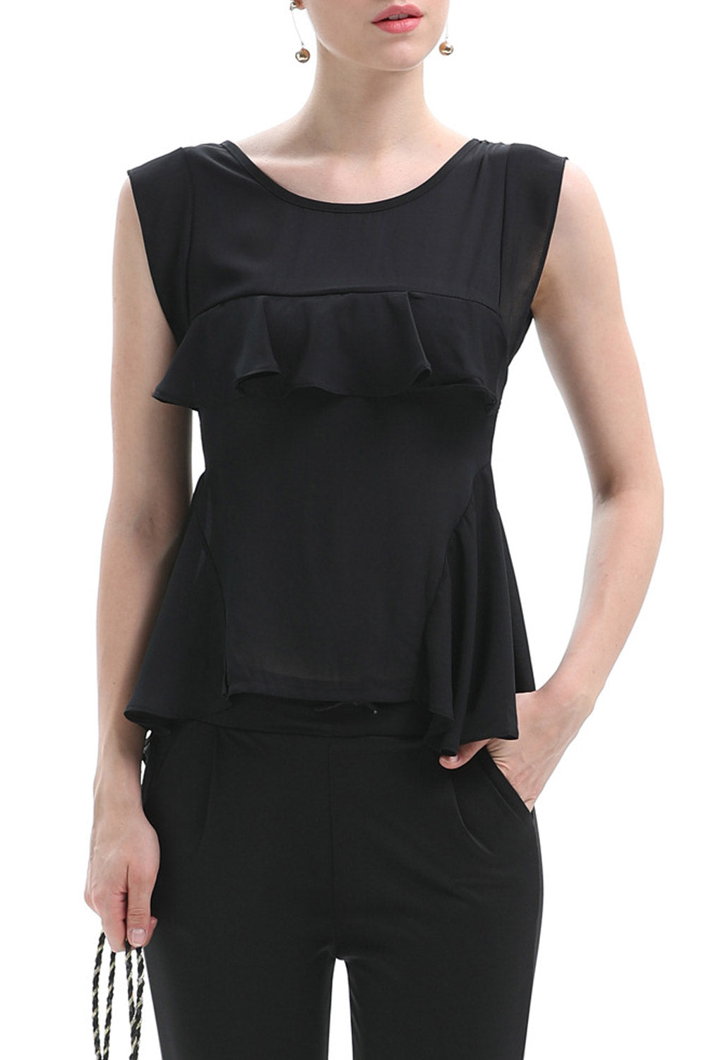Women Round Neck Ruffled Chiifon Top