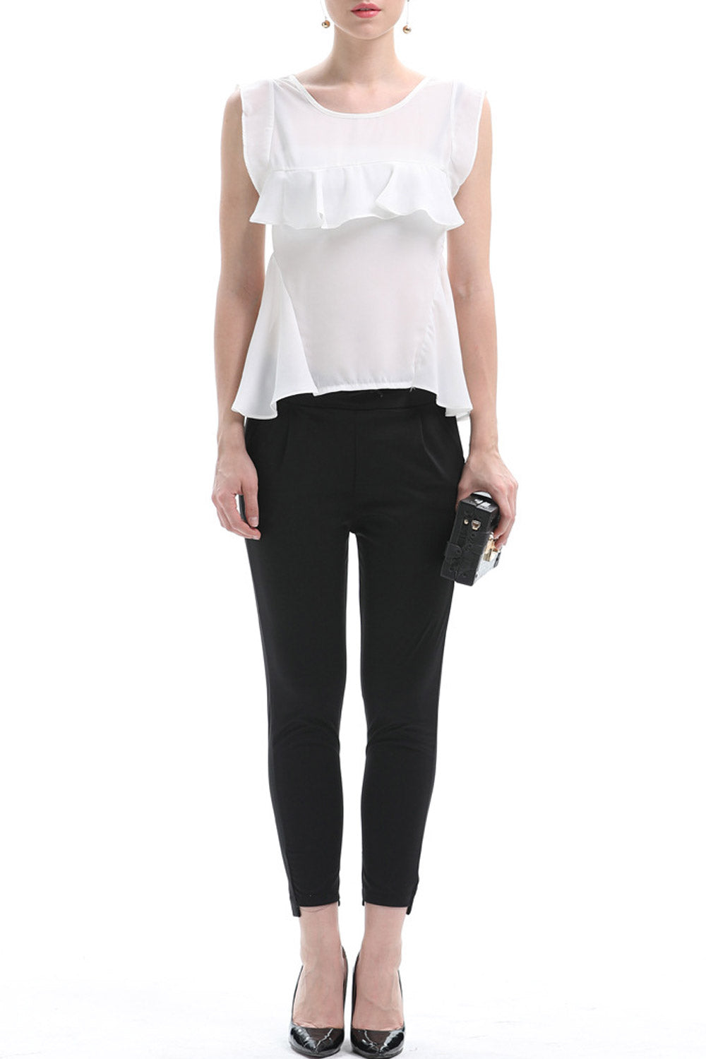 Women Round Neck Ruffled Chiifon Top