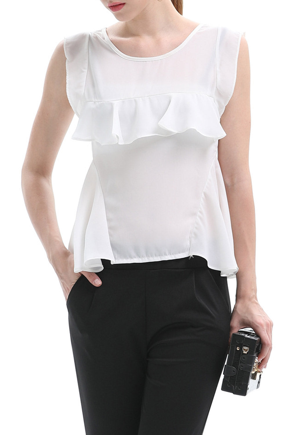 Women Round Neck Ruffled Chiifon Top