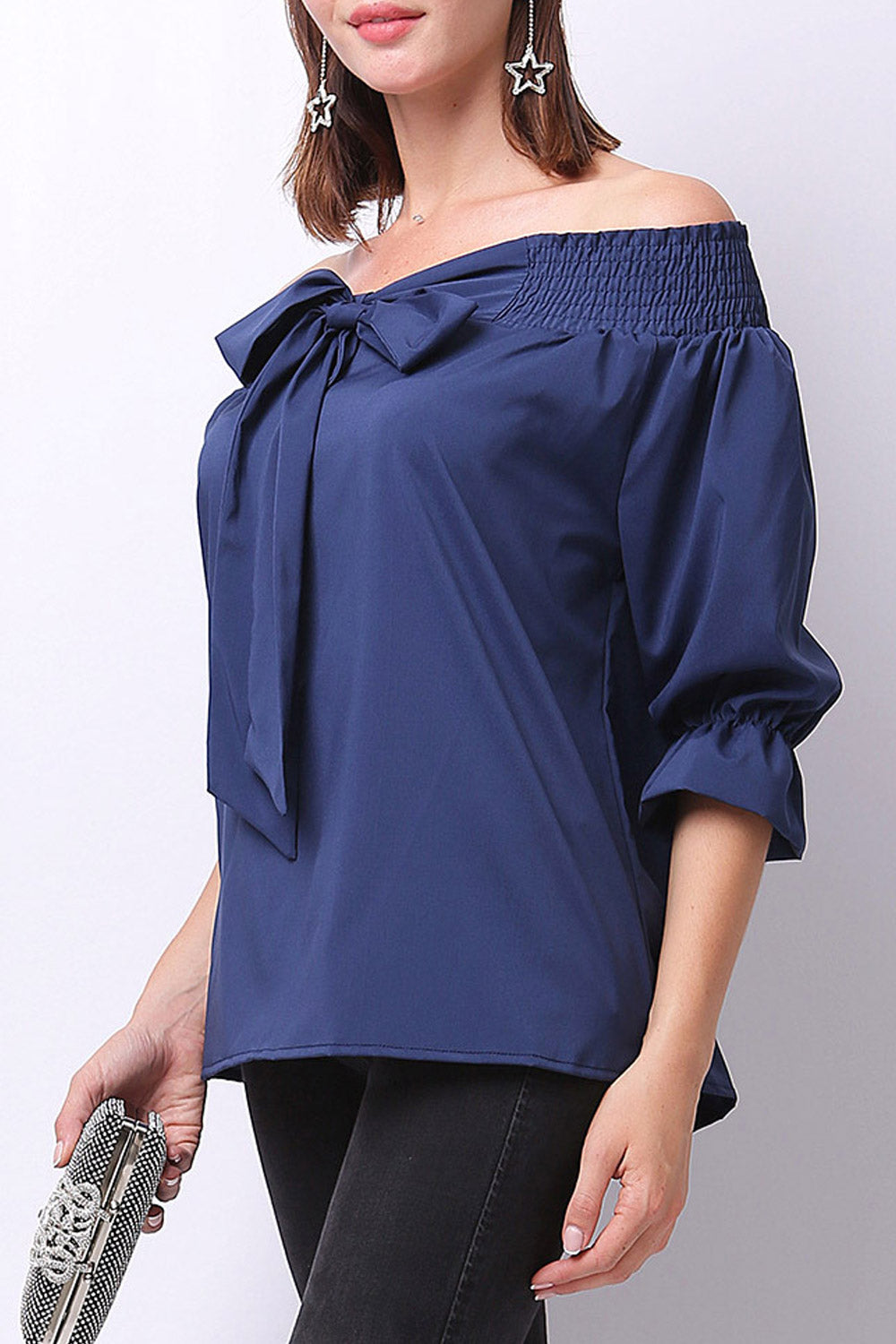 Women Bow Neck Short Sleeved Elegant Top