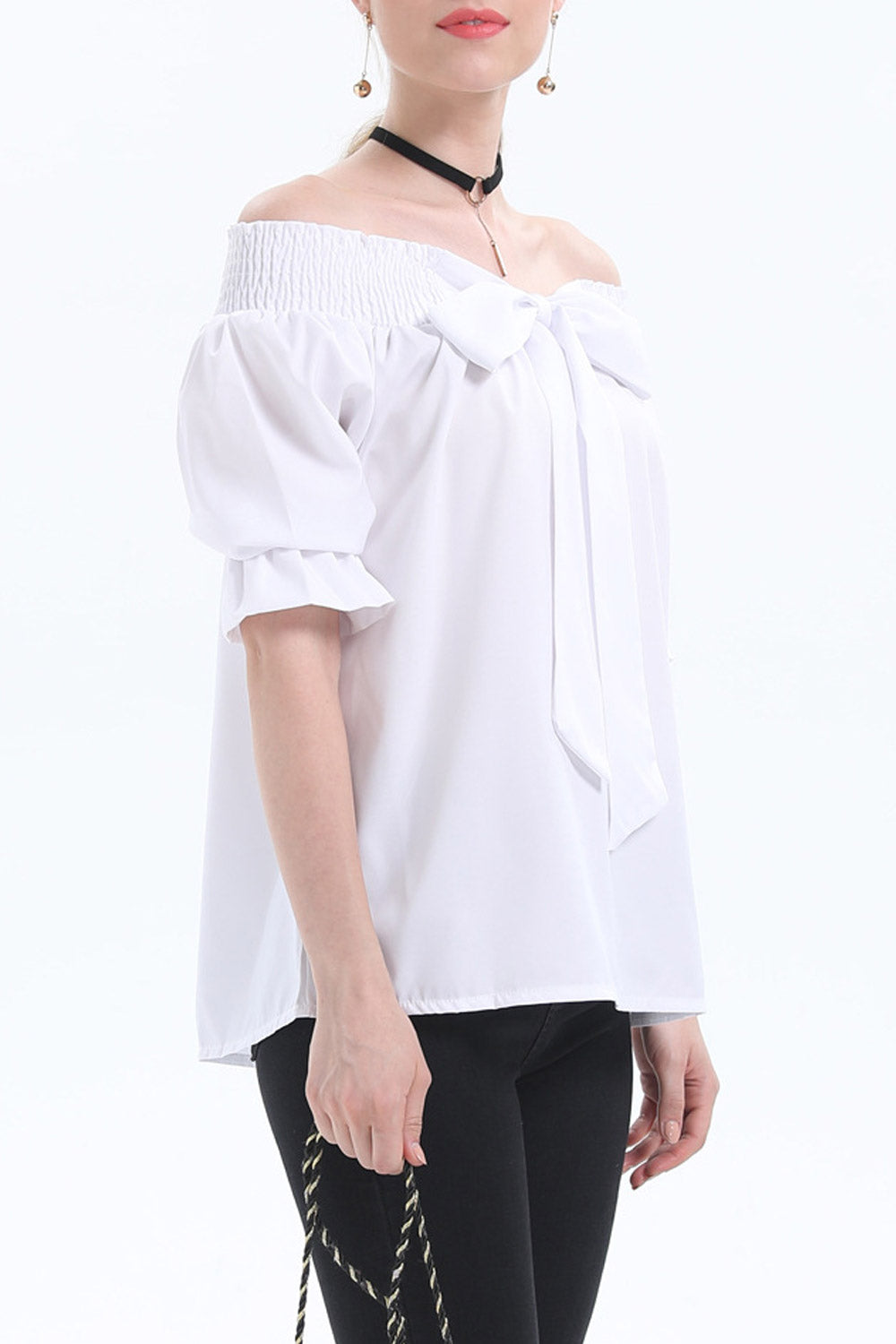 Women Bow Neck Short Sleeved Elegant Top