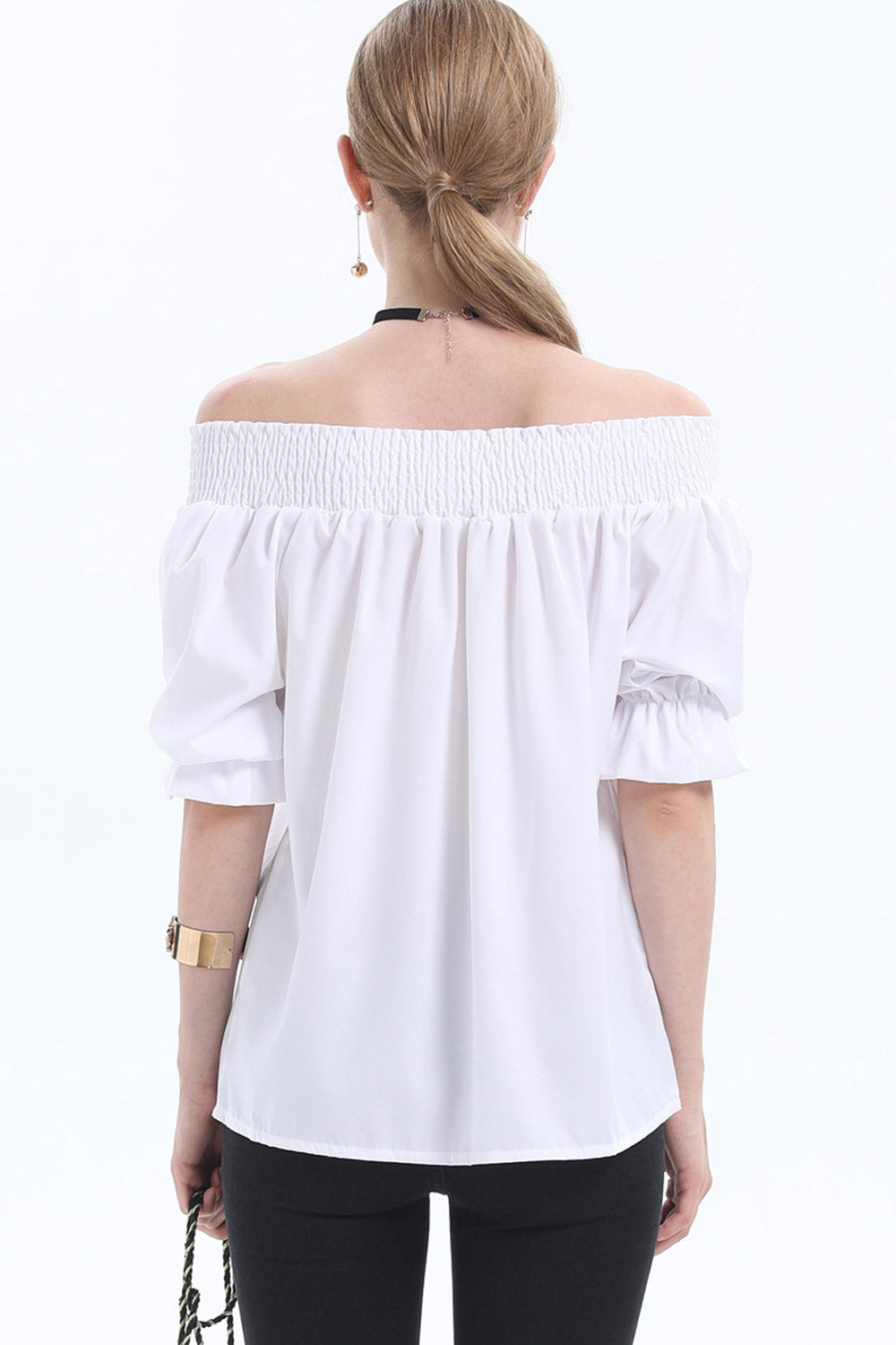 Women Bow Neck Short Sleeved Elegant Top