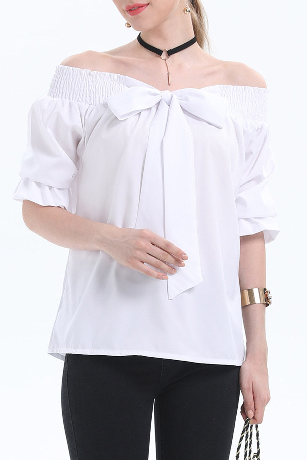 Women Bow Neck Short Sleeved Elegant Top