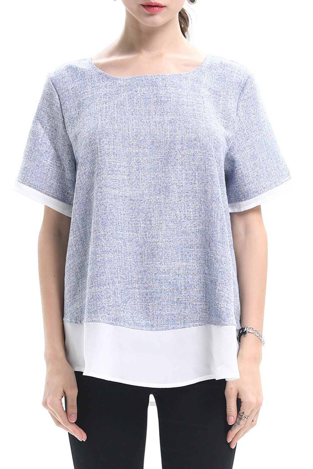 Women V-Neck Solid Pattern Contrast Top